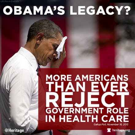 A poster with Barack Obama for Obamacare with the text 'More Americans than ever reject government r...