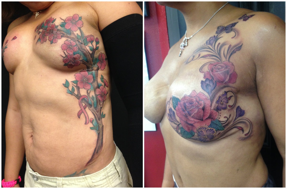 Breastcancer survivor covers mastectomy scars with breast tattoo