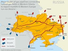 A map displaying the major routes of gas pipeline that go through Ukraine 