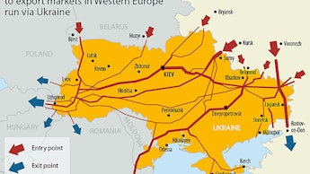 A map displaying the major routes of gas pipeline that go through Ukraine 