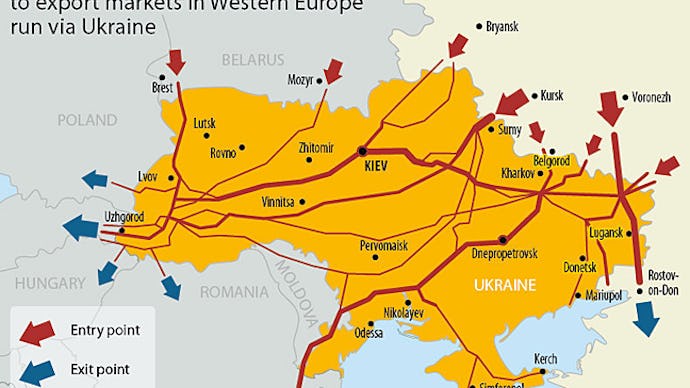 A map displaying the major routes of gas pipeline that go through Ukraine 