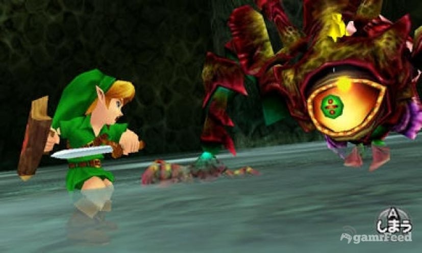 A screenshot from the video game 'The Legend of Zelda: Ocarina of Time' during a fight scene
