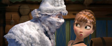Kristoff and Anna from Frozen looking at each other while he is covered in snow