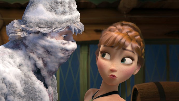 Kristoff and Anna from Frozen looking at each other while he is covered in snow