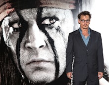 Johnny Depp in a suit next to an image of him in makeup as tonto from the lone ranger movie