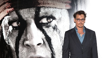 Johnny Depp in a suit next to an image of him in makeup as tonto from the lone ranger movie