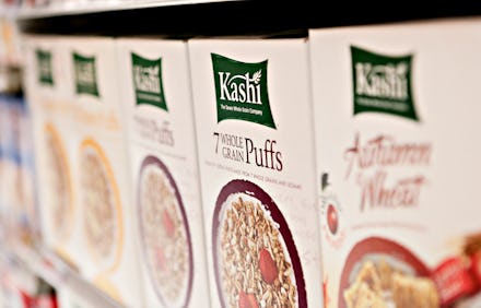 A shelf with Kashi organic cereal
