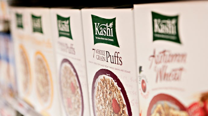 A shelf with Kashi organic cereal