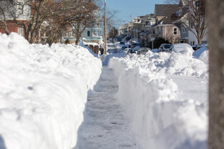 A pathway through a snowy layer in a white Dorchester