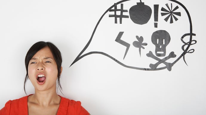 A woman cursing and an illustrated bubble with symbols representing curse words