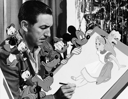Walt Disney with his many drawings and characters.