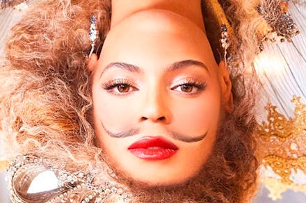 Beyonce with upside down hair and a Celebrity Browstache
