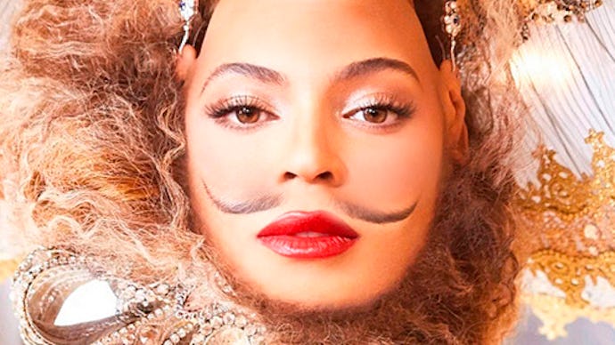 Beyonce with upside down hair and a Celebrity Browstache
