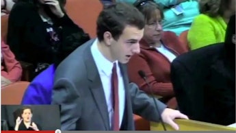 Ethan Young, a student at Farragut High School delivering an argument at a public school board meeti...