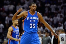 Kevin Durant fist pumping during a game he played for oklahoma city