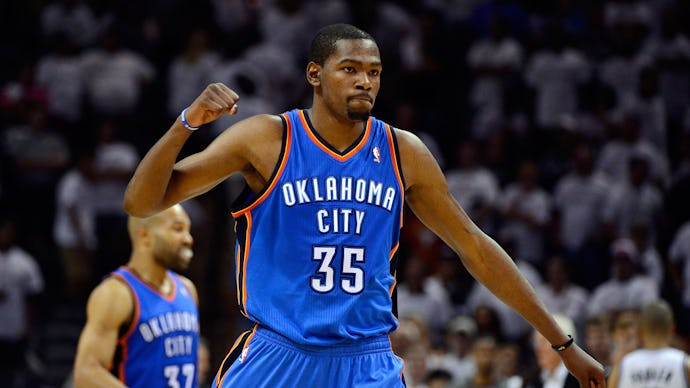 Kevin Durant fist pumping during a game he played for oklahoma city