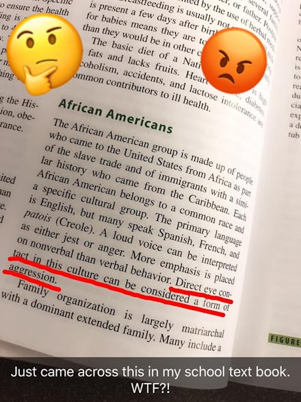 African Americans section in nursing textbook and confused and angry emojis