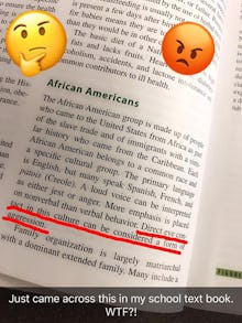 African Americans section in nursing textbook and confused and angry emojis