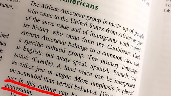 African Americans section in nursing textbook and confused and angry emojis