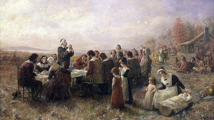 The pilgrims at the first thanksgiving