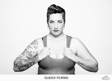 Black and white portrait of a muscular woman with tattoos, with the text "queer femme" below