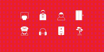 A red background with white doodles of various professions ranging from doctor to construction worke...
