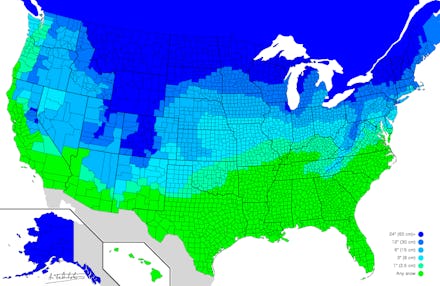A map showing how much snow it takes to cancel school in a city