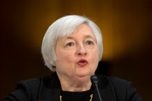 A close-up of Janet Yellen speaking during her confirmation hearing