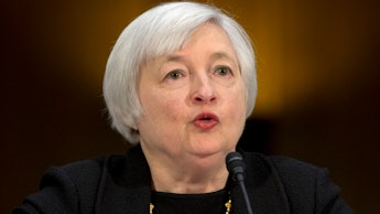 A close-up of Janet Yellen speaking during her confirmation hearing