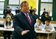 Chris Christie in an elementary school classroom talking to the kids