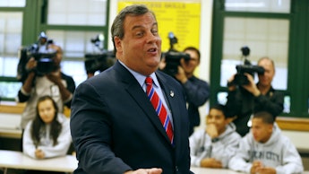 Chris Christie in an elementary school classroom with kids