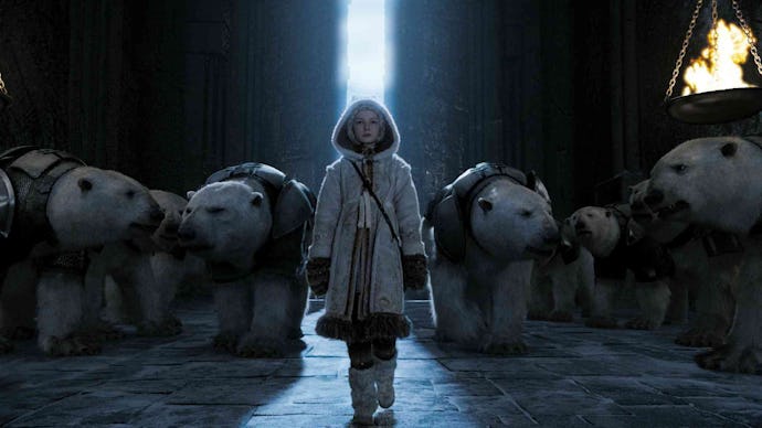 Scene of a girl standing in front of animals in "The Golden Compass"
