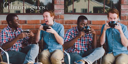 A two-part collage of the 'Gilmore Guys' podcast owners drinking coffee and laughing