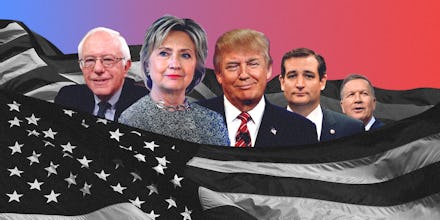 Bernie sanders, hillary clinton, donald trump and ted cruz stand behind a black and white american f...