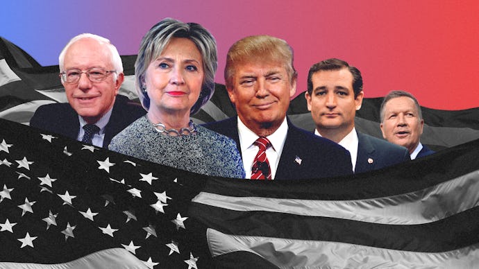 Bernie sanders, hillary clinton, donald trump and ted cruz stand behind a black and white american f...