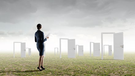 An abstract collage of a woman on field with multiple white doors that represent opportunities