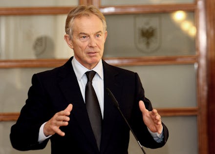 Tony Blair during his speech in a formal suit