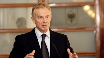 Tony Blair during his speech in a formal suit 