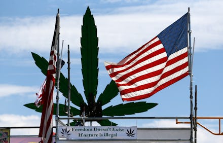 A building in the streets of Denver, and American flag and a large marijuana leaf statue