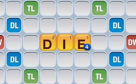 Three boxes on "Words with Friends" game presenting "DIE" text