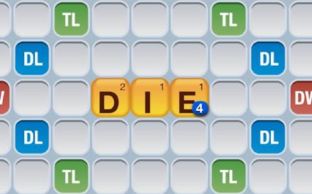 Three boxes on "Words with Friends" game presenting "DIE" text