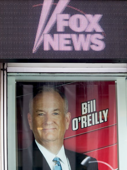 A window with a poster of Bill O'Reilly inside, with "Fox News" above the window