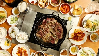 Many South Korean dishes served on small plates