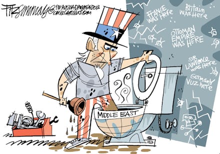 A caricature of uncle sam as a plumber trying to unclog a toilet that says middle east on it