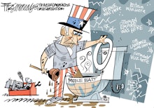 A caricature of uncle sam as a plumber trying to unclog a toilet that says middle east on it