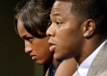 A closeup Ray Rice and Janay Palmer in court following their domestic abuse case