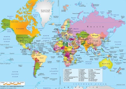 World map, on which all 196 countries are labeled, visible and easy to recognize.