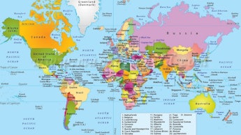 World map, on which all 196 countries are labeled, visible and easy to recognize. 
