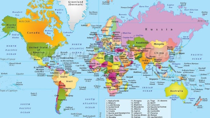 World map, on which all 196 countries are labeled, visible and easy to recognize. 
