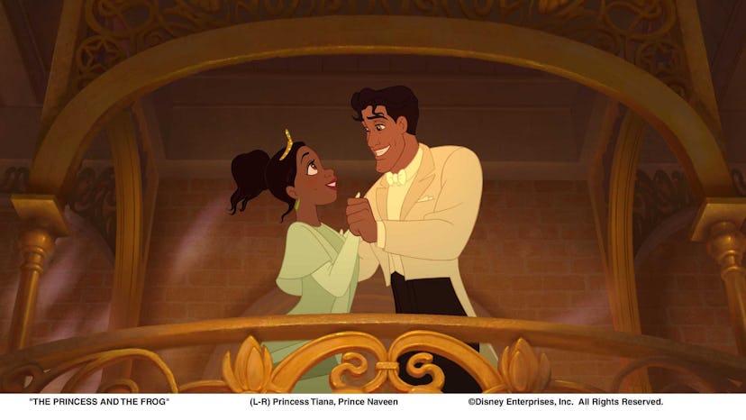 Scene of Princess Tiana and Prince Naveen holding hands in The Princess and the Frog